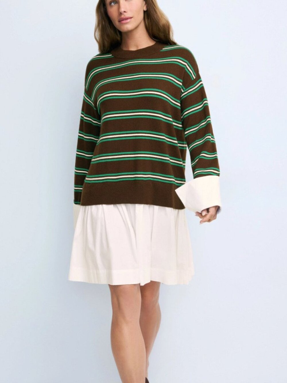SIMON MILLER Pip Poplin Combo Dress Striped Brown & Green Layered Knit Top